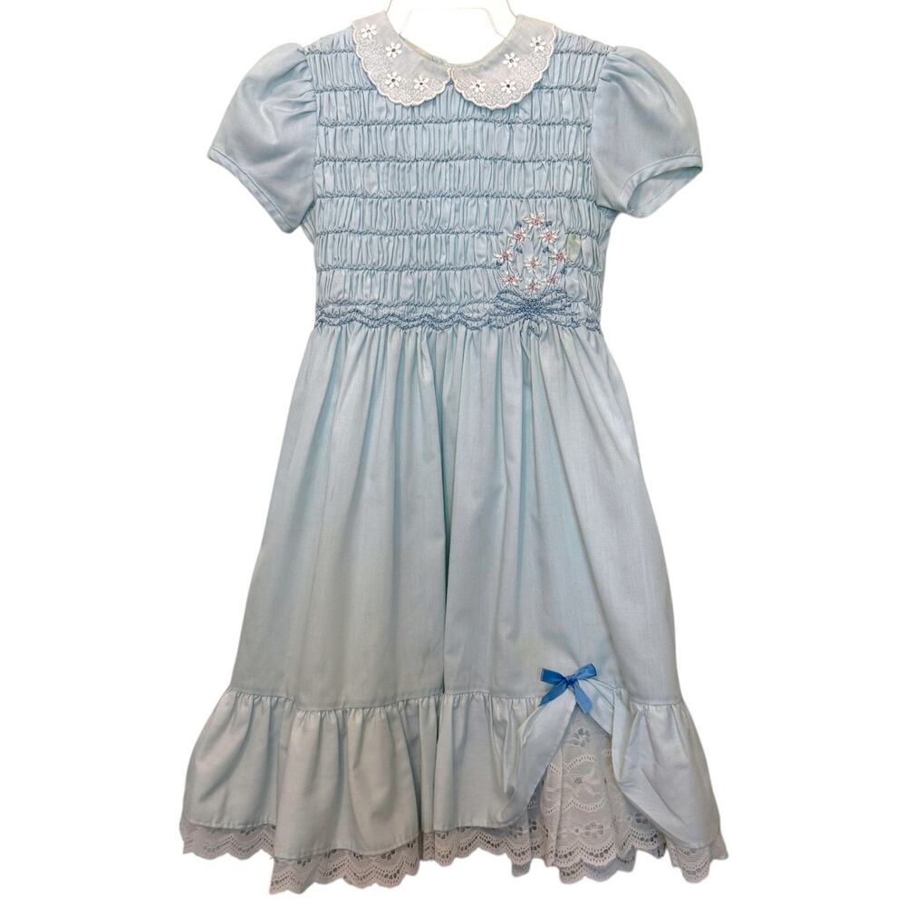 Vintage Polly Flinders Hand Smocked Dress Blue Floral 6X
